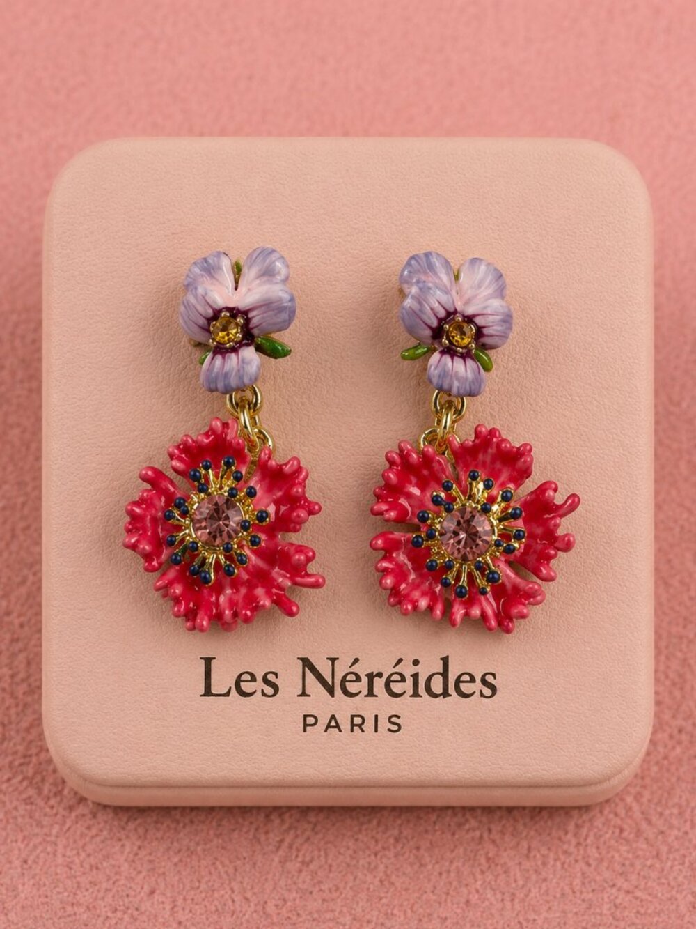 Les Néréides Red Flower Drop Earrings Pink Purple Enamel Statement Floral